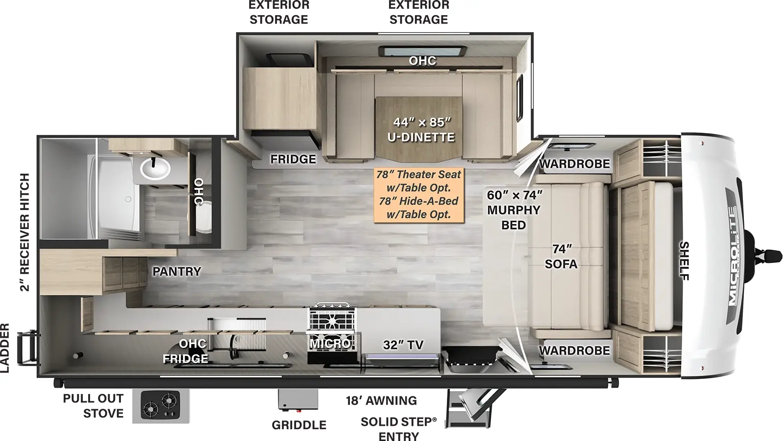 The 25DK has one slideout and one entry. Exterior features an 18 foot awning, solid step entry, griddle, pull-out stove, off-door side exterior storage, rear ladder, and 2 inch receiver hitch. Interior layout front to back: murphy bed/sofa with overhead shelf, and wardrobes on each side; off-door side slideout with u-dinette, overhead cabinet, and refrigerator (optional theater seat with table or hide-a-bed sofa with table); door side entry, kitchen counter with TV, cooktop, microwave, overhead cabinet, and sink wraps to rear with pantry; rear off-door side full bathroom with overhead cabinet.